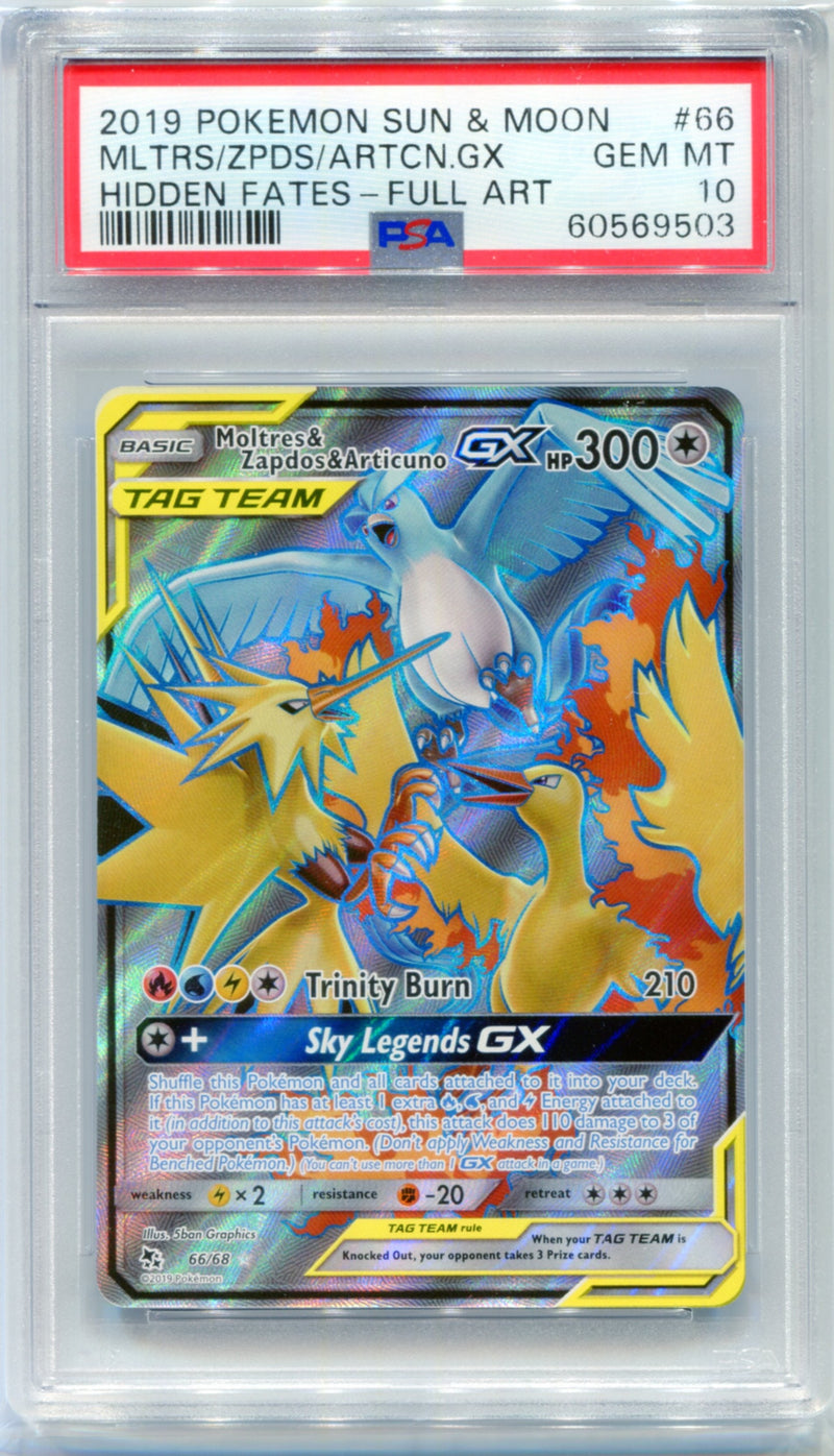 PSA 10 Moltres & Zapdos & Articuno GX Full Art - Hidden Fates 66/68