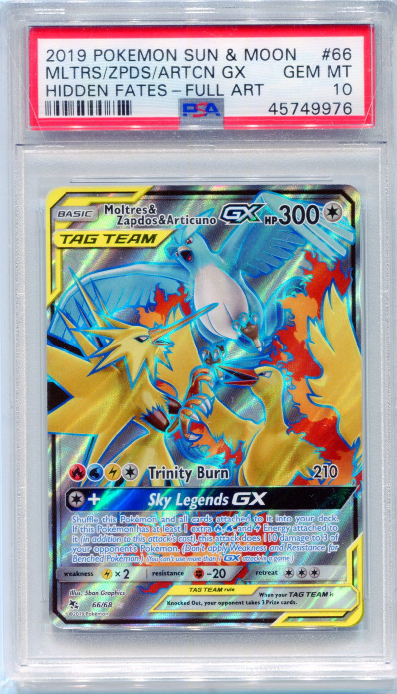 PSA 10 Moltres & Zapdos & Articuno GX Full Art - Hidden Fates 66/68