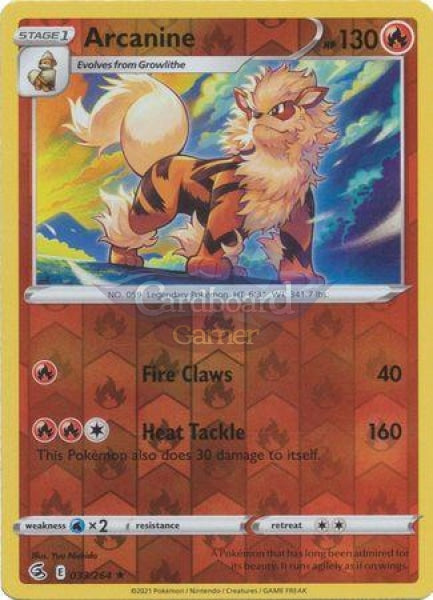 033/264 Arcanine Rare Reverse Holo Fusion Strike Single Card