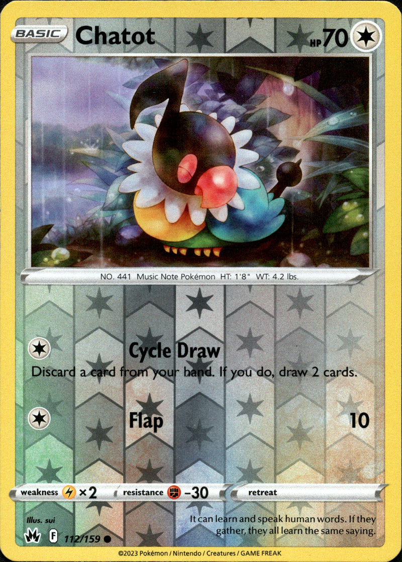 112/159 Chatot Common Reverse Holo Crown Zenith