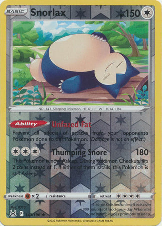 143/196 Snorlax Rare Reverse Holo Lost Origin